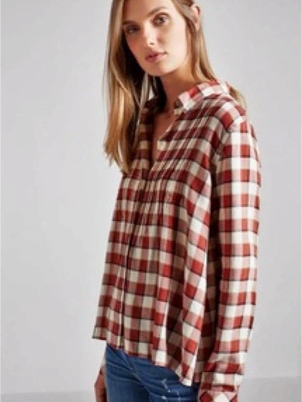Current/Elliott Lucy Tuck Plaid Button Down in Red & White